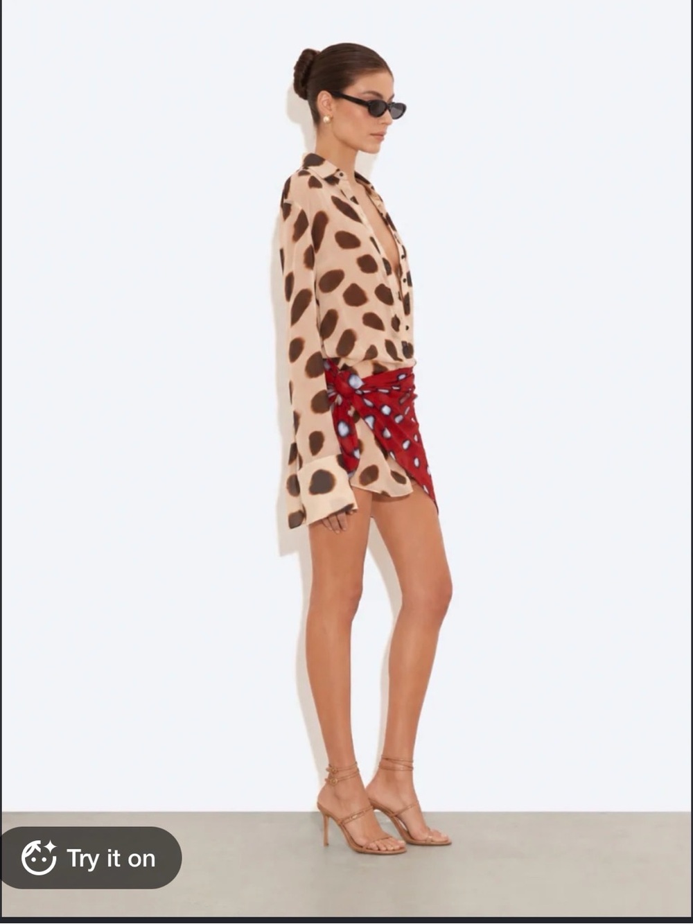 Animal Print Oversized Buttondown Dress with Red Accent Scarf - two piece size M